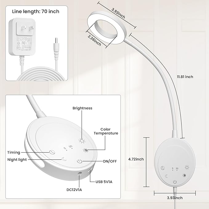 Wall Mounted Reading Light,Headboard Reading Lamp with 5 Color Temperature &5 Dimming,360°Flexible Gooseneck,USB Output, Night Light&Timer Function- Perfect for Reading in Bed (White 2 PCS)