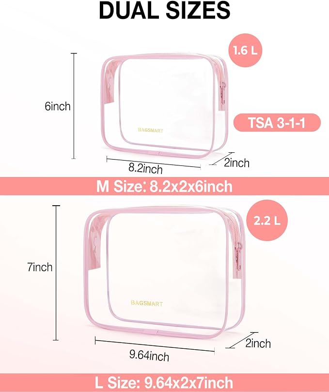 BAGSMART Clear Toiletry Bag 2-Pack TSA Approved Water-Repellent, Pink | Carry on Travel Accessories Bag, Airport Airline Quart Size Bags for Women Men, Makeup Cosmetic Bag