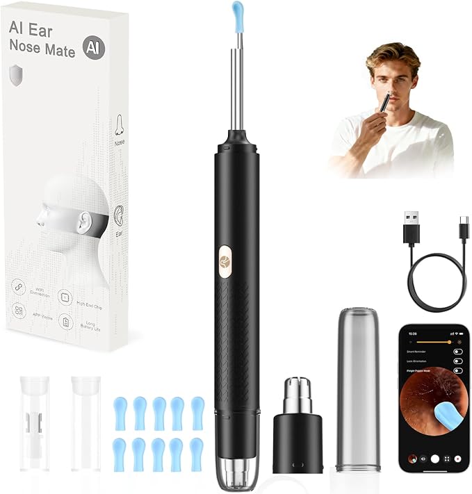 2-in-1 Visual Ear Wax Removal & Nose Hair Trimmer, 1296P HD Ear Cleaner with AI Eardrum Alert, Smart Anti-Pinch, 360° Rounded Blades, IP67 Waterproof, APP Visual Camera for Men, Women & Family Use