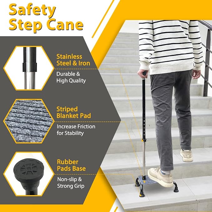 Stair Climbing Cane Half Steps for Stairs Lifts Seniors Elderly Stair Cane Walking Aids for Stability 4 Prong Base Adjustable Sticks Stair Helper Assist Devices Mobility Aids Equipment - Black