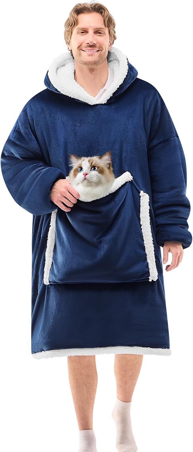 JOYWOO Navy Oversized Wearable Blanket Hoodie,Cat lovers Long Hoodie Blanket for Adult,Birthday Gifts for Women Men Mom,Cozy Fuzzy Sherpa Fleece Sweatshirt Hooded Blanket Giant Pocket Gifts,Oversize