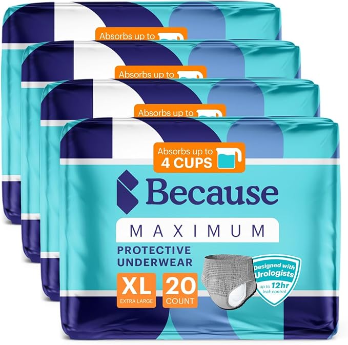 Because Maximum Incontinence Underwear for Men - Heavy Bladder Leak Protection, Ideal for Overnight Leakage, Sleek, Invisible Fit, Grey, XLarge - Absorbs 4 Cups - 80 Count (4 Packs of 20)