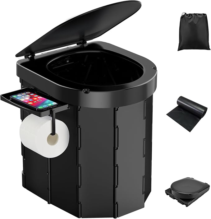 Portable Camping Toilet, Foldable Toilet for Adults with Detachable Phone Shelf and Toilet Paper Holder, Waterproof Porta Potty with Lid for Camping, Hiking, RV Travel, Road Trips