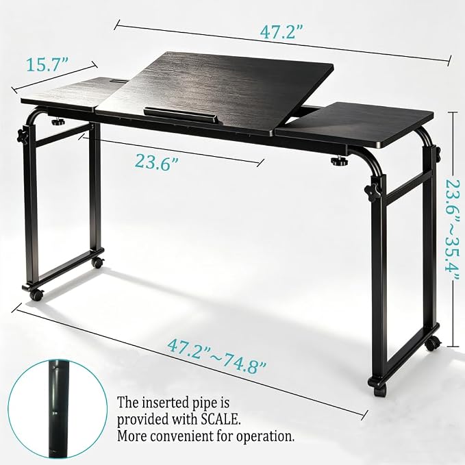 Overbed Bedside Table with Wheels Portable Rolling Laptop Desk Cart Computer Table Over The Bed Table Adjustable Height and Length with Tilt Stand Board for Bed Hospital Home and Office (Black-M)