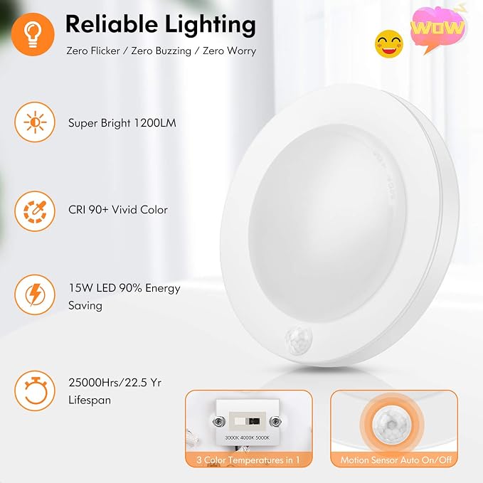 Motion Sensor LED Ceiling Lights, 1200LM & 15W(100W Equivalent), 3000K/4000K/5000K Selectable, 7.5inch Flush Mount Lighting Fixture for Indoor, Stairs, Pantry, Closet, Pack of 4, White | 3000K/4000K/5000K Adjustable, Non-Dimmable Motion Sensor Light In...