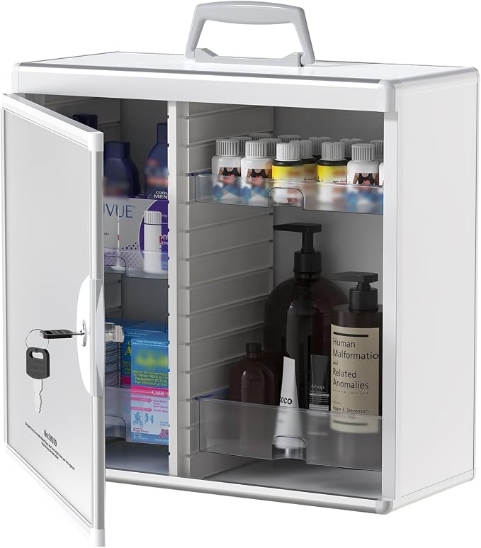 Medicine Cabinet with Key Lock - Aluminum Wall Mount Medication Lock Box with 4 Removable Trays & Handle, Secure Locking Medicine Storage Organizer for Home, School & Office (Silver, Large)