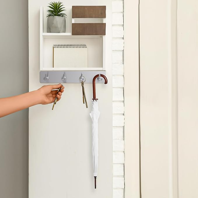 Key Holder with 4 Hooks,Adhesive Key Hanger Organizer for Wall Mount | Metal Key Rack with 2 Self-Adhesive Tapes for Entryway, Door, Bathroom, Kitchen(Silver)