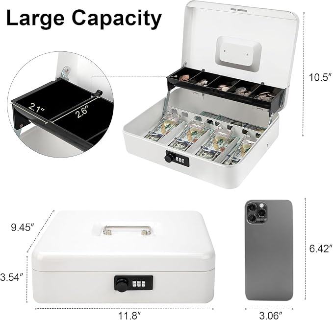 Jssmst Locking Large Metal Cash Box with Money Tray, Money Box with Combination Lock, White, SM-CB0511L