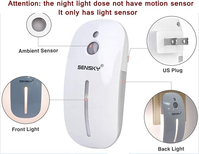 Sensky Plug in Night Light - 2 Pack Dimmable 3500K Warm White LED with Auto Dusk to Dawn Sensor and Dual Front Back Lighting - for Bedroom Bathroom Kitchen Hallway Stairs Home Decor Lamp