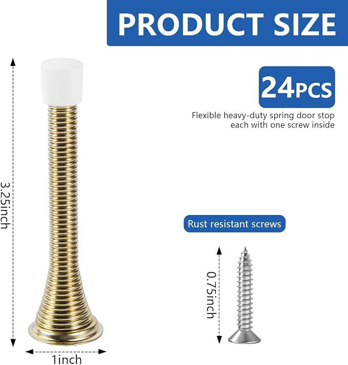 KISEER 24 Pack Spring Door Stops 3 1/4 Inch Flexible Heavy Duty Spring Door Stopper with RustProof Screw Rubber Bumper Tips (Gold)