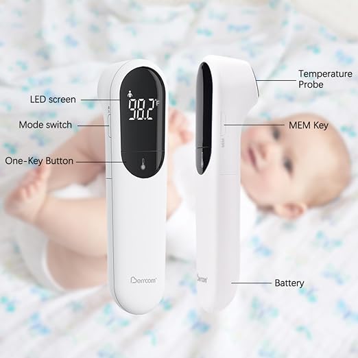 Berrcom Dual Probe No Touch Forehead Thermometer Fever Alarm All Ages | Fast reading digital thermometer with LED screen & fever alarm, no-touch dual probe design for all family members