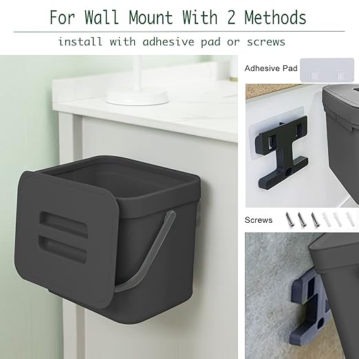 Kitchen Trash Can with Lid, LALASTAR Wall-Mounted Under Sink Small Garbage Can for Kitchen, Bathroom, Compost Bin Countertop, Cabinet Trash Can Hanging, 1.8 Gallon, (Black, 7L)