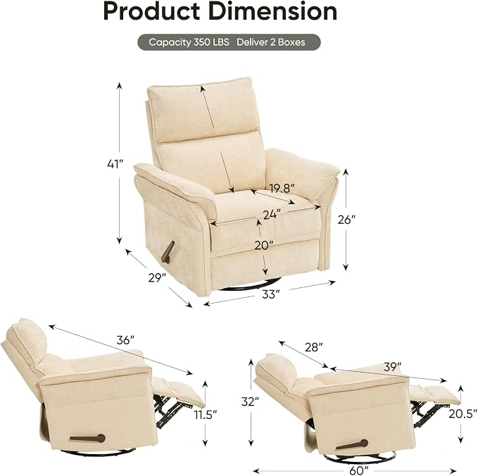 Oversized Recliner Chair, 24" Extra Wide 360° Swivel Rocker Recliner with Adjustable Headrest, Chenille Glider Rocking Nursery Chair with Overstuffed Armrest, Lumbar Support, Beige