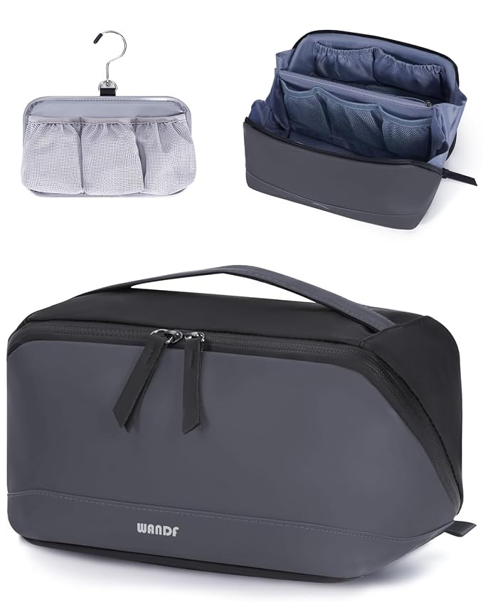 WANDF PU Leather Toiletry Bag for Men, Dopp Kit with Hanging Pouch | Water-Resistant Fabric, Travel Bag for Toiletries, Compact Storage, Shaving Accessories, Weekend Trips