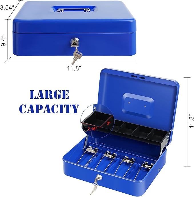 Cash Box with Lock Key and Money Tray - Large Money Box for Cash Register, Metal Lock Box for Money Safe 11.8" x 9.4" x 3.54" Blue