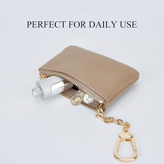 Full Grain Leather Coin Purse with Key Chain - Small Change Purse Keychain Card Holder Pouch Small Wallet for Women and Men (Elephant Gray)