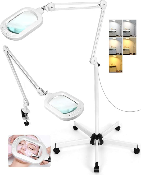10X Magnifying Glass with Light and Stand, Large Rectangle Optical Glass Lens Floor lamp with 5 Wheels Rolling Base, 5 Color Modes LED Lighted Hands Free Magnifier for Reading Esthetician Facial Craft
