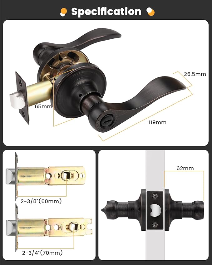 Gobrico Keyless Door Levers Privacy Handles Door Locksets for Bed and Bath, Oil Rubbed Bronze Finished, 3Pack