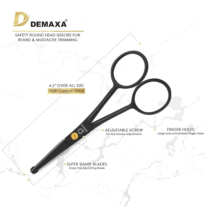 DEMAXA 4.5" Round Tip Safety Mustache Scissors Beard Scissors with 1 Mustache Comb, 1 Beard Comb & Soft Pouch – Best Facial Hair Shears for Beard Mustache Trimming Nose & Ear Hair