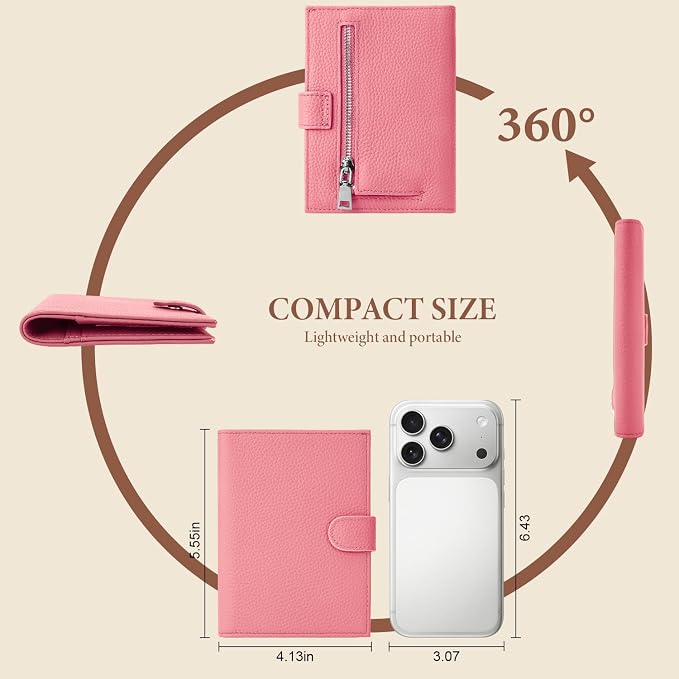 Genuine Leather Passport Holder for Women Men, Hidden Airtag Pocket, RFID Blocking, Zippered Coins Pocket & Cash Compartment Travel Gifts Essentials Passport Cover Case - Hot pink