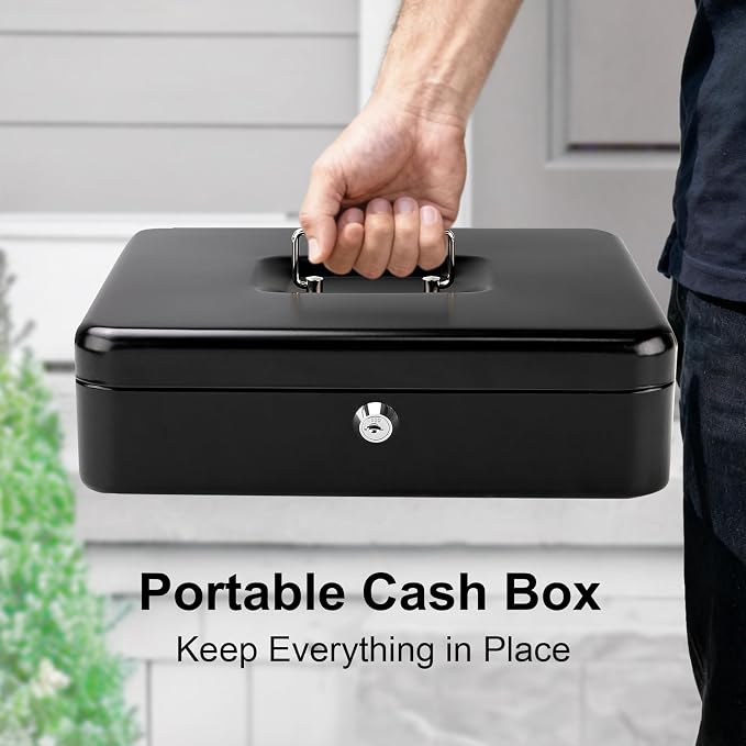 Jssmst Cash Box with Key Lock - 0.9mm Thick Metal Money Box for Garage Sales, Yard Sales and Petty Cash, Portable Cash Drawer with Coin Tray & Spill-Proof Foam Coin Cover, 4 No-Pinch Bill Clips,11.8''