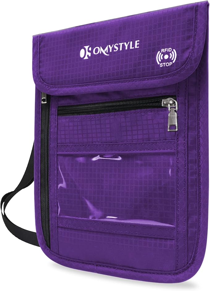OMYSTYLE Neck Wallet, RFID Passport Holder for Travel, Adjustable Neck Strap, Waterproof Neck Pouch for Men & Women to Keep Cash, Credit Cards and Documents Safe, Purple (8x6)