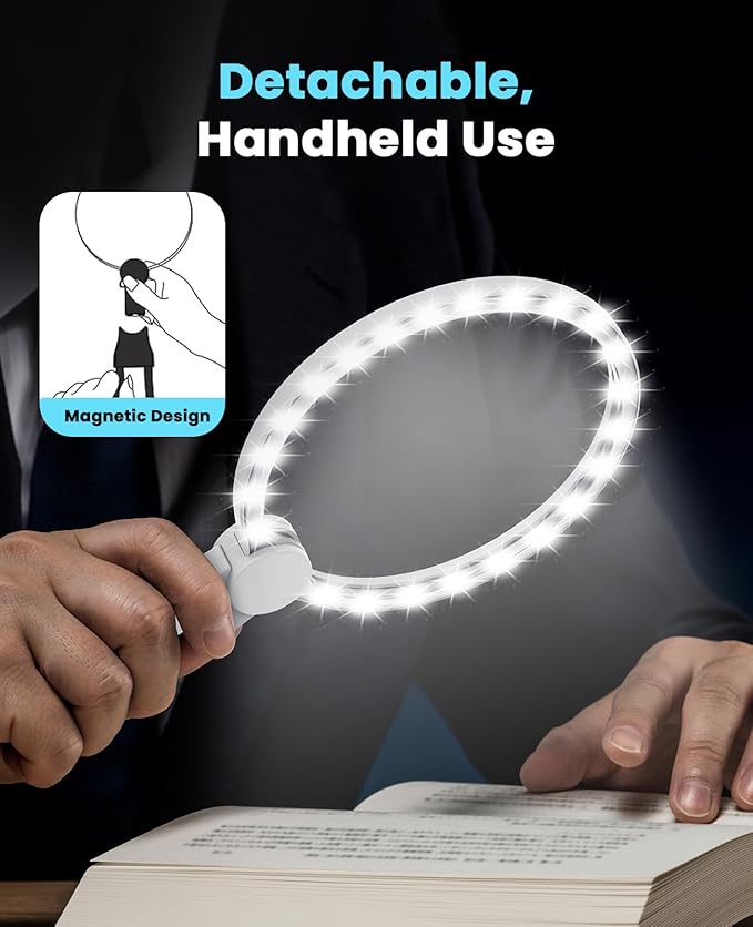 5X Hands Free Magnifying Glass with Light for Close Work,Neck Wear Magnifier for Reading Books,Sewing, Cross Stitch.Low Vision Seniors with Aging Eyes(White)