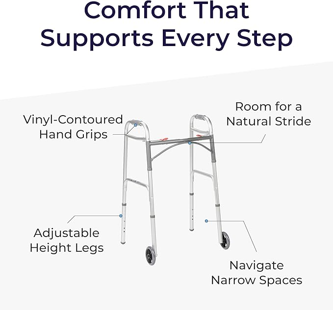 Drive Medical Two-Button Folding Walker with Wheels, Height Adjustable | Two-Button Rolling Walker Features Dual Push-Button Operation, Adjustable Height and Durable Aluminum Frame