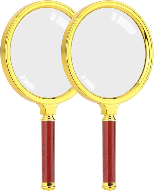 Rongon 5X Handheld Magnifier‌ with ‌Optical Glass Lens‌, 2Pack Vintage Gold Frame & Detachable ‌Rosewood Handle‌, ‌100MM Lens, Reading Magnifier‌ for Books/Newspapers, Jewelry & Hobby Observation