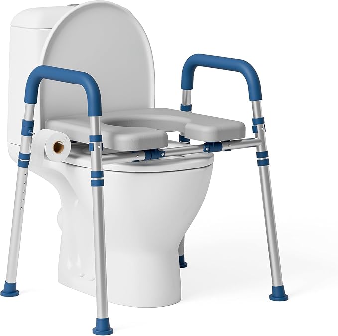 Raised Toilet Seat with Handles, Blue | Adjustable Height & Width, 400lbs Capacity, Padded, For Seniors, Disabled, Post-Surgery, Fits Most Toilets