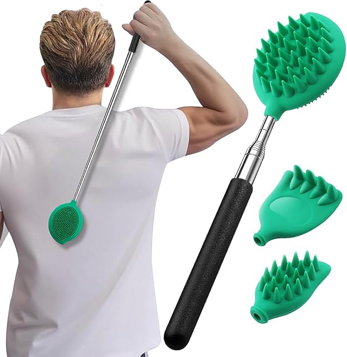 Back Scratcher with 3 Detachable Scratching Heads Silicone Massager Extendable Telescoping for Itches Lotion Application Spa Whole Body Seniors The Disabled Baby Men Women Kids Adults Green