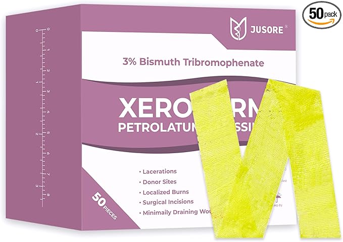 JUSORE Xeroform Petrolatum Dressing 1"x8" - 50 PCS Non Stick Gauze Pads | Medical Soft Fine Mesh Gauze Patch for Wound Care, Burns, Lacerations, Skin Grafts & Surgical Incisions, 50 Individual Pack