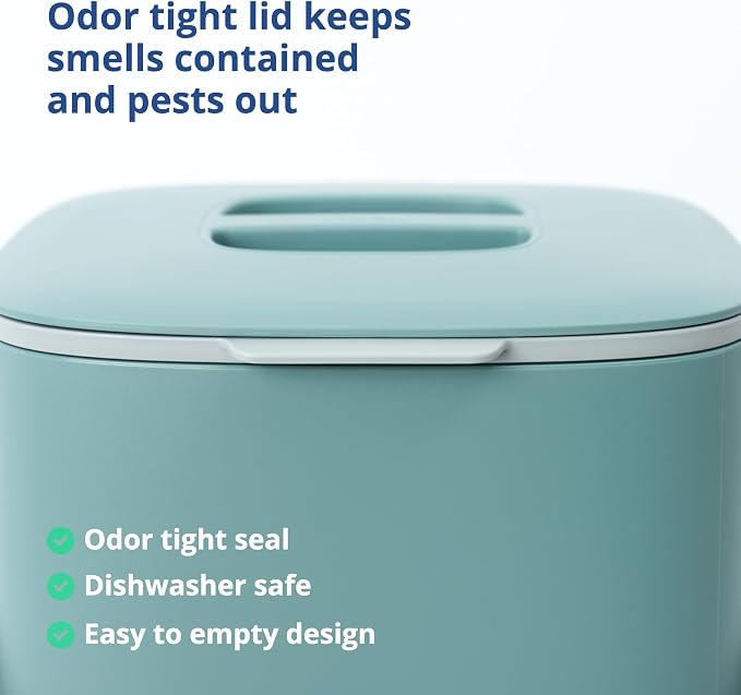 Blue Ginkgo Kitchen Compost Bin, 2.6L Countertop Compost Bin, Green | Odor-Tight. Filter-Free. Dishwasher Safe.