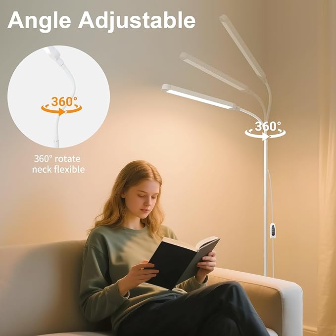 White LED Reading Floor Lamp, Bright 12W Dimmable Standing Light, Adjustable Gooseneck,3 Color Temperatures 5 Gears Brightness, Living Room Bedroom office Library Work makeup tattoo lash Desk Lamp
