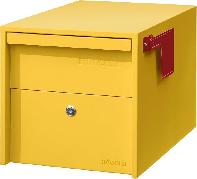 Adoorn Lockable Post Mount Mailboxes for Outside - Small Anti-Theft Locking Mailbox for Packages and Letters - Weatherproof Construction - Durable Steel - 12" H x 12" W x 18.5" D - Yellow