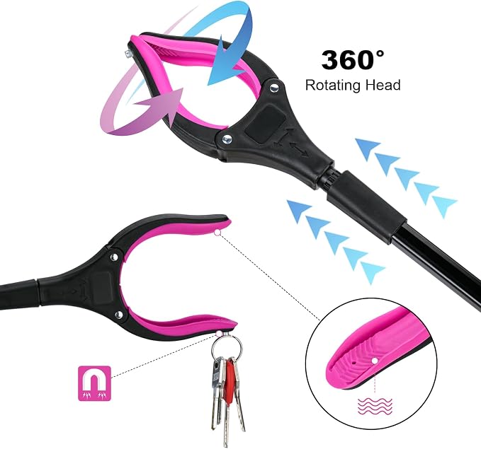 32" Grabber Reacher Tool, 360° Rotating Head, Wide Jaw, Foldable Reacher Grabber Pickup Tool,Anti-Slip Rotating Jaw with Magnet, 4" Wide Claw Opening Grabbers for Seniors (Purple)