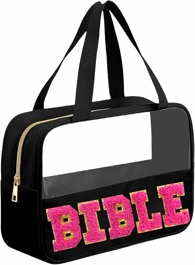 Chenille Pink Letter Bible Bag for Study Supplies Bible Cover Case for Women Girl, Church Bag for Bible Accessories with Handle and Zipper, Christian Gifts