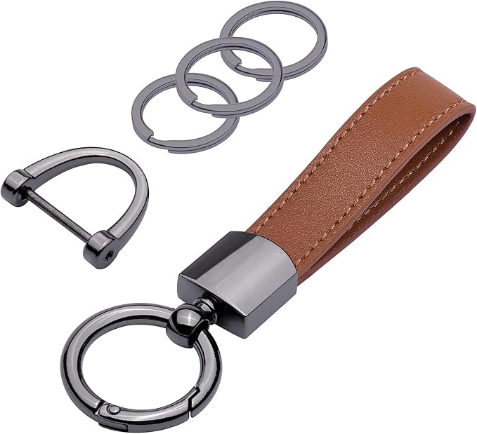 Wisdompro Genuine Leather Car Keychain, Universal Key Fob Keychain | Leather Car FOB Key Chain Holder for Men and Women, 360 Degree Rotatable, with Anti-lost D-ring and 3 Keyrings