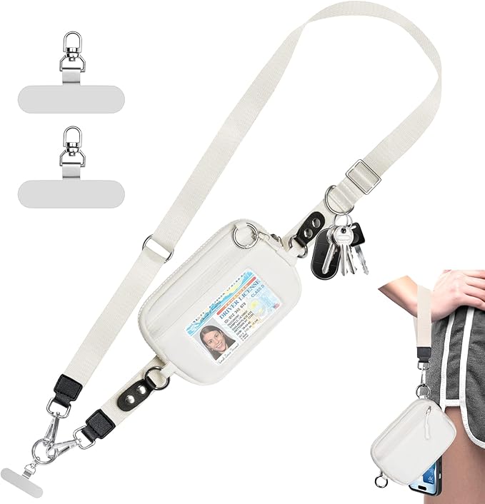 Tiostep Clip and Go Strap for Phone with Wallet Crossbody Phone Lanyard Adjustable and Detachable RFID Wristlet Wallet (Cream, Medium)