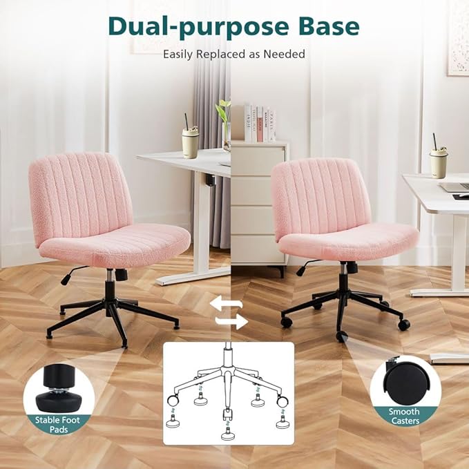 Criss Cross Chair with Wheels, Ergonomic Armless Swivel Comfy Vanity Seat, Wide Back Support and Adjustable Height for Home Office Bedroom Computer Gaming Makeup, Pink Velvet