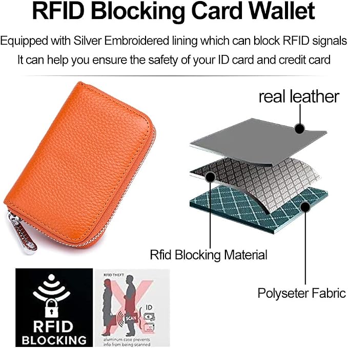 RFID Credit Card Holder Genuine Leather Credit Card Wallet with Zipper | RFID