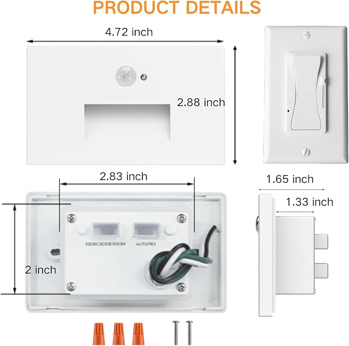 4 Pack 3CCT 120V Motion Sensor Step Lights with Dimmer Switch, White | LED Stair Lights Indoor Outdoor, 3000K/4000K/6000K, 0%-100% Dimmable, 5W 500LM, IP65 Waterproof, Hard Wired, Aluminum, ETL