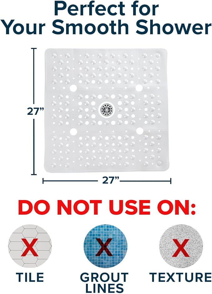 SlipX Solutions 27" Oversize Square Shower Mat, Non-Slip Mat for Elderly & Kids, 100+ Power Grip Suction Cups for Smooth Surfaces, Machine Washable, White Pearl