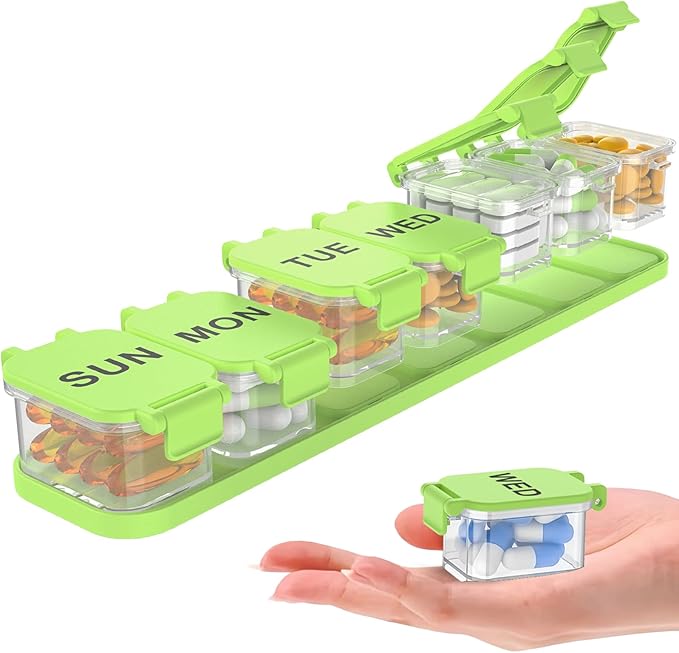 Extra Large Weekly Pill Organizer - Waterproof 7-Day Pill Box, Portable Vitamin & Supplement Case, Easy to Open Design, Ideal for Travel a nd Daily Medication Management (Green)