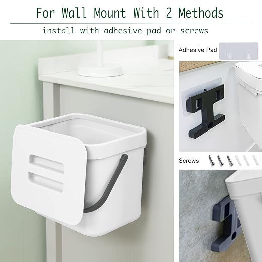 LALASTAR Trash Can with Lid, Wall-Mounted Under Sink Small Garbage Can for Kitchen, Bathroom, Hanging Plastic Trash Can, 1.8 Gallon, White