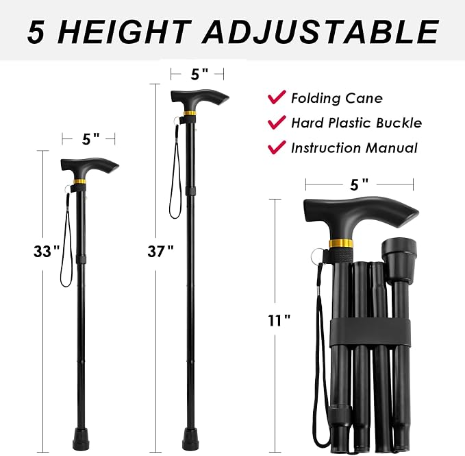 Walking Cane, Folding Cane for Man & Women, Portable Lightweight | 5-Level Adjustable Height, Collapsible Cane for Seniors Balancing Mobility Aid