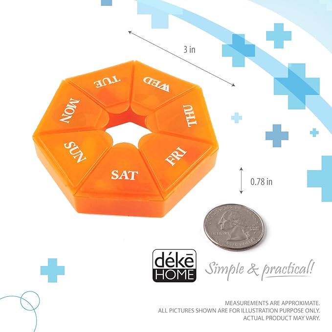 Deke Home - Small Weekly Pill Organizer, Round Pill Dispenser for Travel, Mini Pill Organizer, Compact Medicine Holder, Pill Sorters 7 Days, Portable Vitamin Container, BPA Free (Food Grade)