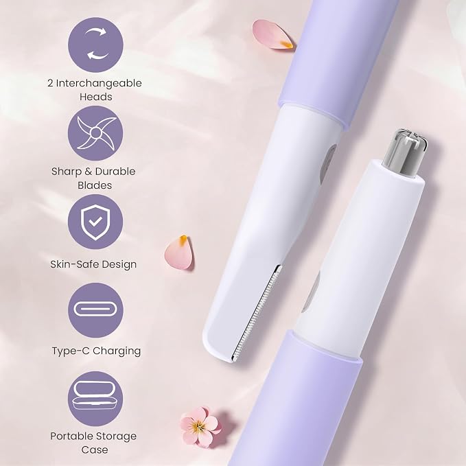 TOUCHBeauty Nose and Ear Hair Trimmer for Women Men, 2-in-1 USB-C Rechargeable Eyebrow Trimmer & Facial Hair Removal, Waterproof Dual-Edge Nasal Hair Clipper with Storage Case (Purple)