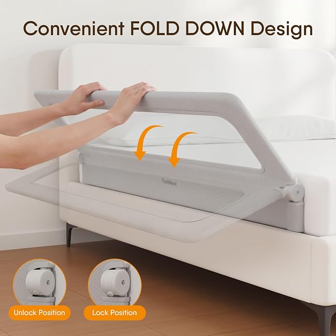 Bed Rail for Toddlers,71 Inch Foldable Baby Guard | 71 in foldable toddler rail with reinforced anchors, no-gap mattress fit, double lock, washable fabric for King|Queen