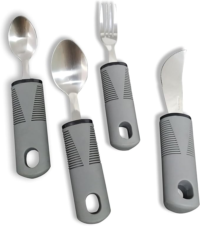 Adaptive Utensils 4 Piece Set Weighted Utensils for Hand Tremors Easy Grip Parkinsons Utensils Extra Wide Handles Built up Utensils for Adults with Knife Fork Spoon for Disabled Arthritis People（Grey）